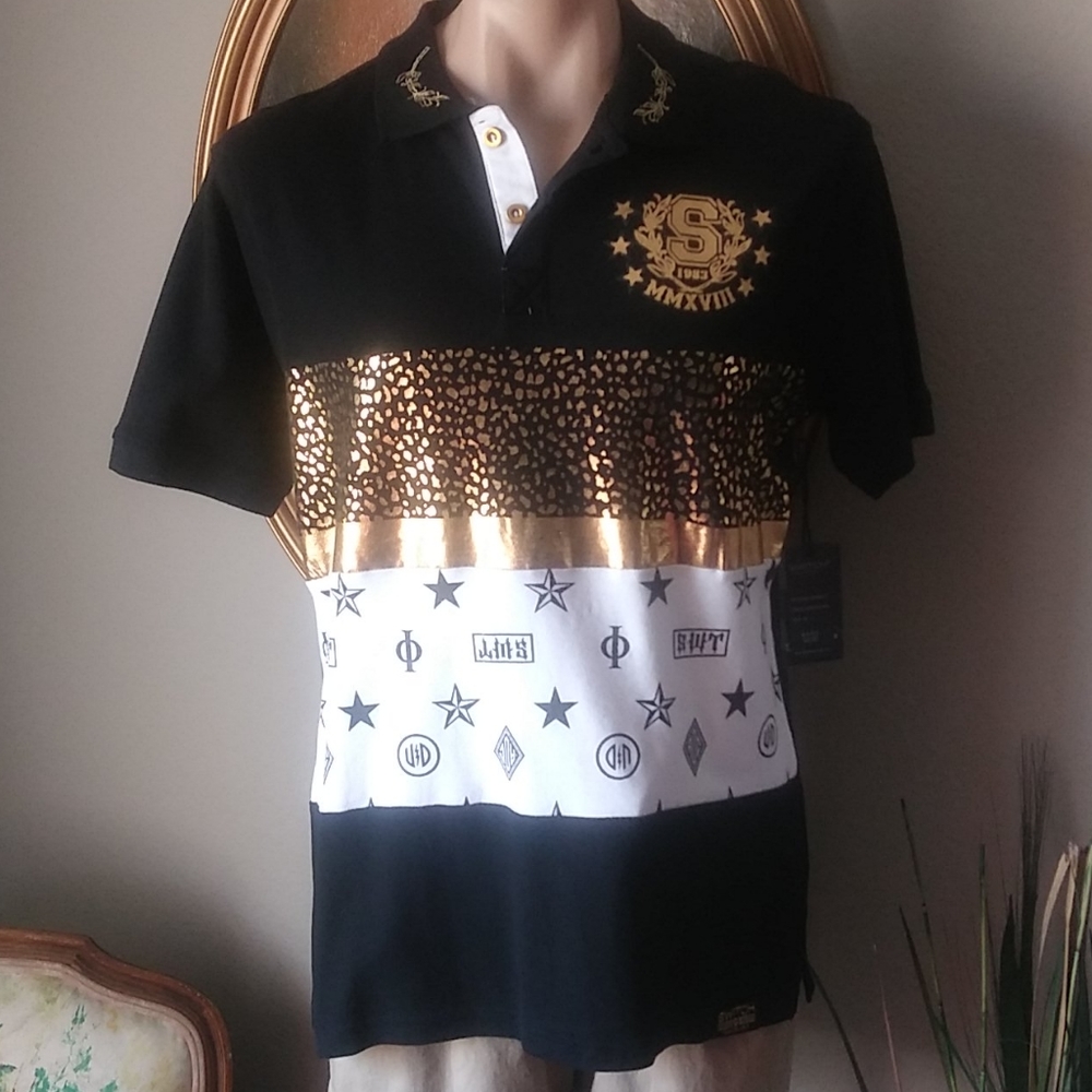 NWT SWITCH men Gold Foil Skater Polo Shirt. Medium